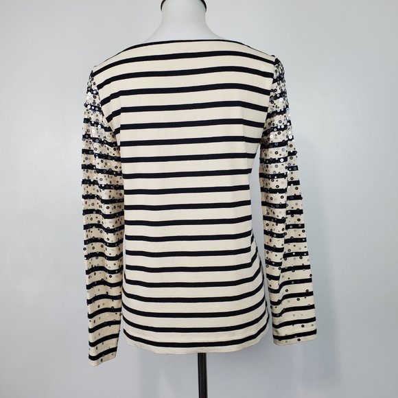 J. Crew Factory Black Tan Striped Sequin Confetti Pullover Knit Cotton Top Sz S - Picture 6 of 12